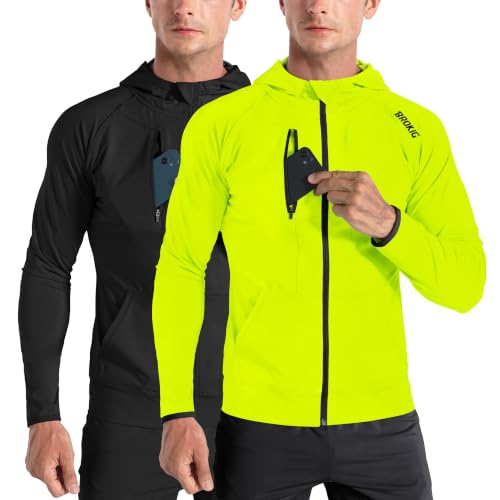Image of BROKIG Mens Windbreak Running Jacket Zip Up Hoodie | Lightweight,Zip Pocket,Workout,Gym,Athletic,Track,Golf,Cycling,Full Zip Hoodie Jackets,Windbreaker,Jogging Sweatshirts