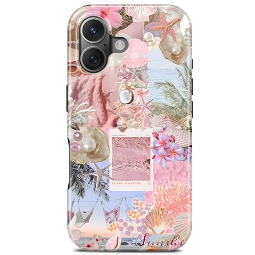 Coque rose iPhone 16 fleur et coquillage pour des vacances d'été à la plage