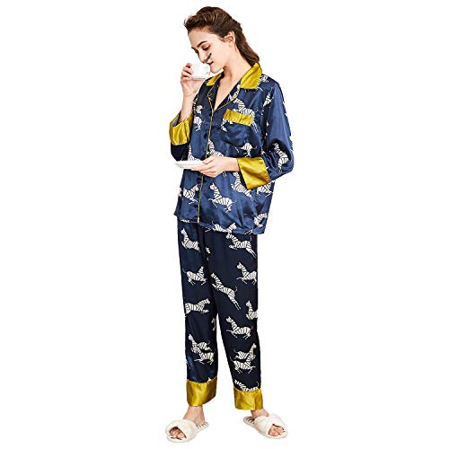 Belle Heure Women’s Silk Satin Classic Long Sleeve Pajamas Button Down Silky Floral Animals Pattern Set Loungewear Sleepwear