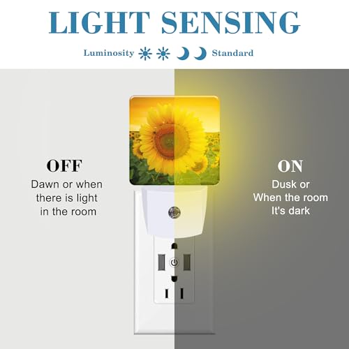 Image of Plug in Night Lights Sunset Sunflower Field Nightlight Plug Into Wall Dusk to Dawn Sensor LED Night Light for Kid Girls Boys Women Men Room Decor, Hallway, Kitchen, Bathroom, Nursery, Stairs