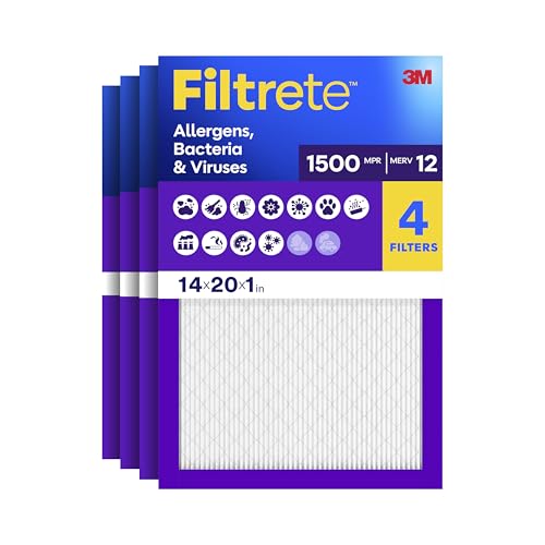 Filtrete 14x20x1 Air Filter, MERV 12, MPR 1500, Allergens, Bacteria & Viruses, 3-Month AC and Furnace Filters, Cleaner Air, Reliable Airflow, 4 HVAC Filters (Actual Size 13.62 x 19.62 x 0.78 in)