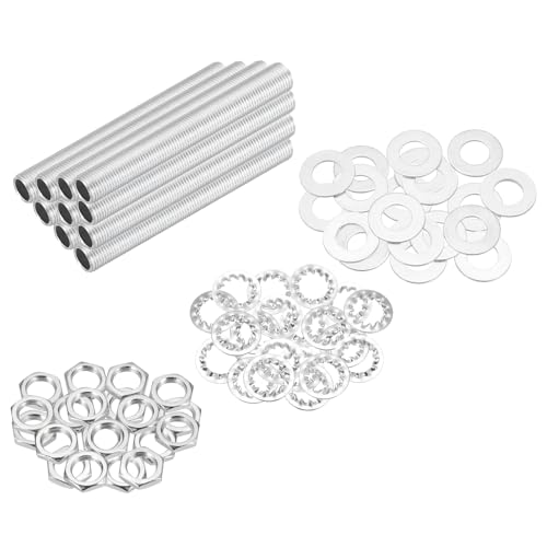 Image of MECCANIXITY 70Pcs 3.3 inch Lamp Pipe Nipples Kit with Hex Nuts Washers, M10 Fine Threaded Hollow Tube Repair Hardware Fasteners Assortment for Assembly Chandelier Ceiling Lamp DIY, Silver