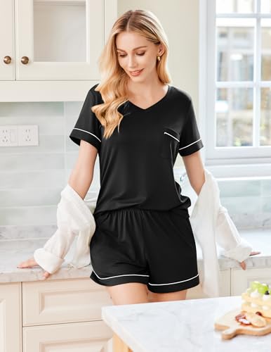 Image of Ekouaer Pajamas for Women Set Short Sleeve Loungewear Soft Pjs Shorts Set | V Neck Sleepwear with Pocket,Comfy Lounge Sets,Comfortable Fit,lightweight,Maternity,Gift,Sleeping & Bedtime,Lounging at Home