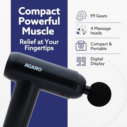 Image of AGARO Imperial Gun Massager | 99-Level Deep Tissue Handheld Massager | 4 Interchangeable Heads, Rechargeable, Relaxation of Neck, Shoulder, Back, Foot for Men & Women, Full Body Relief, Black
