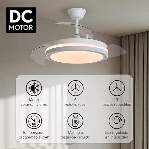 3NOD - Ventilador de Techo con Luz LED Regulable, Mando + App, Motor DC Control a distancia, Aspas retráctiles, Modo verano invierno, Blanco - imagen 9