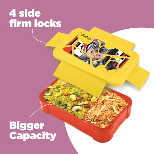 Image of MILTON Berry Tiffin Lunch Box for Kids Boys & Girls with Leak-Proof Inner Container| Food Grade,BPA Free,Compact & Durable Snacks Box for Kids I Plastic Spoon & Fork, 850 ml, Batman Print, Yellow