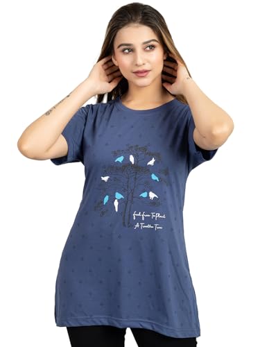 Image of Magknit Fancy Printed Both Side Cut Cotton Blend Half Sleeves and Lightwiegt Trendy Summer Long T Shirt for Women