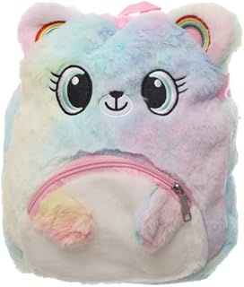 MM 15 Girls Plush Bear Backpack, Pastel Rainbow Furry Bag with Cute 3D Face & Soft Zipper Pulls, Lightweight & Adorable Kids Bag for Toddlers & Preschool - Multi Color