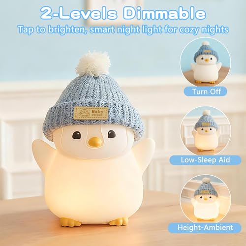 Image of FAMIDUO Pink Penguin Night Light,Cute Penguin Lamp with Hat for Kids /Mom | Squishy Silicone Nursery Nightlight, Rechargeable /Dimmable /Timer,LED Novelty Animal Bedside Light,Funny Gifts for Baby /Boys