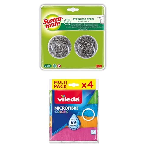 Scotch-Brite Stainless Steel Metal Spiral Scrub Sponge 2 pieces/pack + Vileda Microfibre Cloth 30x30 Cm 4 Pcs