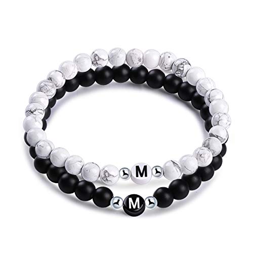Unendlich U Infinite U Bracelet Perle de Pierre d'énergie, avec Les Lettres A-Z, Bracelet Couples, 2 pièces, Cadeau de Noël Anniversaire pour Femme Homme