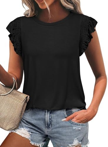 KIRUNDO Womens Summer Tops 2025 Trendy Ruffle Cap Sleeve Casual T Shirts Crewneck Basic Tee Cute Blouses Clothing