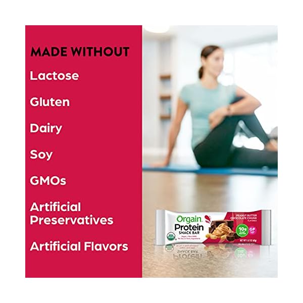Orgain Organic Vegan Protein Bars, Peanut Butter Chocolate Chunk - 10g Plant Based Protein, Gluten Free Snack Bar, Low Sugar, Dairy Free, Soy Free, Lactose Free, Non GMO, 1.41 Oz (12 Count)