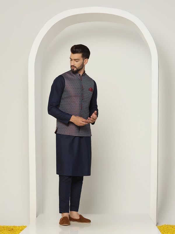 Men's Kurta Jacket Trouser Set - Cotton Blend Woven Design Full Sleeves Regular Fit Mandarin Collar4