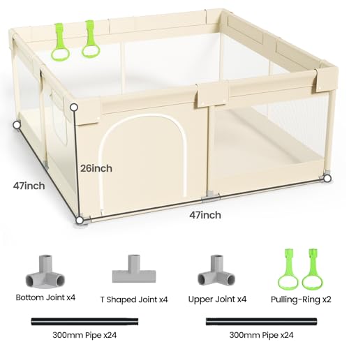 Julrrimg Laufstall Baby - 120x120 cm Laufgitter Baby mit Atmungsaktivem Netz & 2 Griffen, Beige