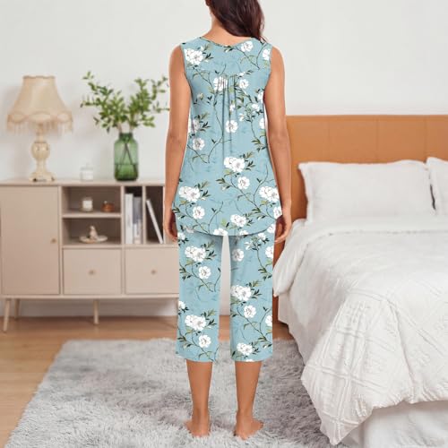 Image of Bestbee Women's Sleeveless Pajama Sets 2 Piece Sleepwear Summer Lounge Outfits Henley Tanks Capri Pants Ladies Pjs