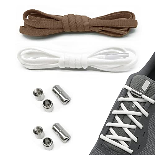 elthmpr lacets de chaussures lacets élastiques sans attache avec fermeture en métal lacets élastiques ronds 2 paires de système de laçage rapide bon pour la course, les paresseux (blanc, marron) Cover