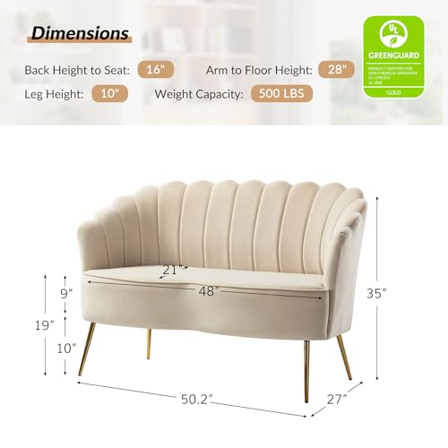 Image of HULALA HOME Modern Velvet Loveseat Sofa with Flower Shaped Back, Comfy Upholstered 2-Seater Sofa with Gold Metal Legs, Small Love Seat Accent Couch for Living Bedroom Leisure Areas, Tan