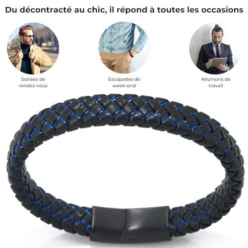 HALUKAKAH ● Veille de Nuit ● Le Bracelet de l’Homme en Cuir Véritable Noire Cordon Bleu Fermoir Magnétique Titane 21.5cm avec Le Boîte-Cadeau Gratuit – vue 5