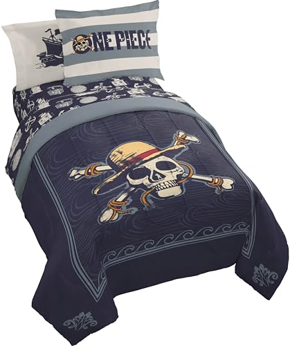 Jay Franco One Piece Full Size Comforter Set - 7 Piece Blue Bedding Includes Sheet Set & Pillow Covers - Super Soft Anime Bedding with Skull and Bones