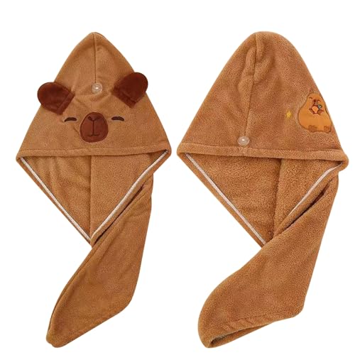 BSITSSS Capybara Mikrofaser Handtuch Haare 2er-Set, Haarturban mit Knopf, Entzückend Haarhandtuch Schnelltrocknend, Haar Handtuch Super Saugfähig, Handtuch für Haare für Alle Haartypen