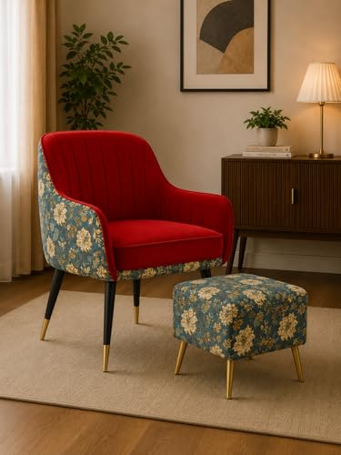 Image of Floral Velvet Accent Chair with Floral Pouffe | Modern Upholstered Armchair with Gold & Black Metal Legs | Comfortable Lounge Chair for Living Room, Bedroom, Office (Red Floral)