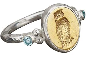 Owl Rings: Sterling Silver Owl Coin Signet Ring with Aquamarine