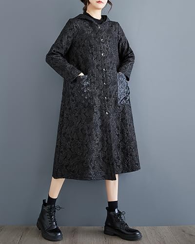 ellazhu Women's Coat Long Sleeve Button Down Hooded Two Side Pockets Floral Pattern Flowy Hem Loose GZ3033