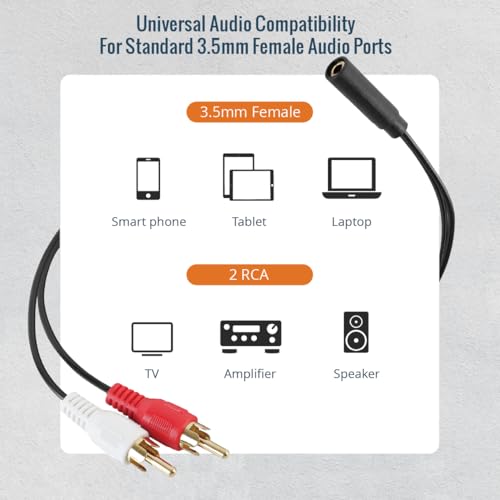Adaptador de audio 3.5mm hembra a 2 RCA macho 11 pulgadas, pack 2 miniatura 3