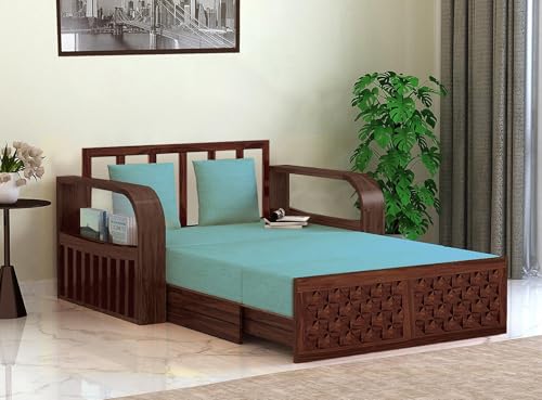 Image of APRODZ Solid Sheesham Wood Sofa Cum Bed 2 Seater Velevt Fabric with Turquoise Upholstery & Cushion Perfect Sofa Furniture for Home Living Office Room and Guests (Walnut Finish 75x51x30-Inch)