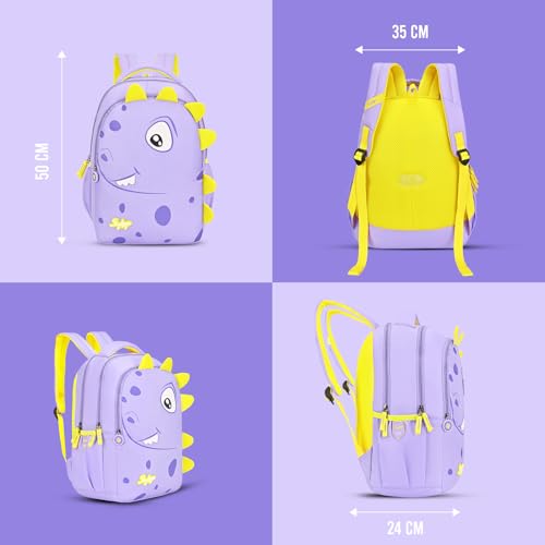 Skybags Buddy 03 Dino 20 Liters Premium Polyester Fabric School Backpack for Kids with Multiple Compartments and Adjustable Strap - Boys & Girls (Yellow & Purple) - Image 6