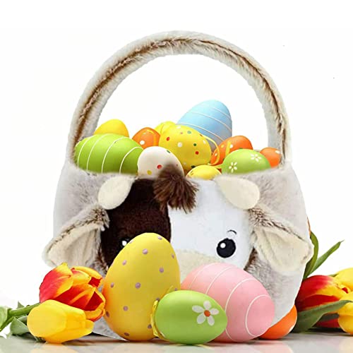 Image of Cute Plush Cow Easter Basket for Kids, Cow Easter Buckets with Plush Ear, Candy Buckets Storage Tote Bag Easter Decorations (Cow Easter Basket, 7.9 inchL x 7.9 inchW x 9.8 inchH)