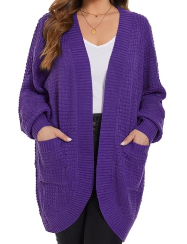 MONNURO Womens Plus Size Open Front Cardigan Waffle Knit Long Sleeve Sweaters Tops Fall Coat Outerwear with Pockets(Dark Purple,3X)2