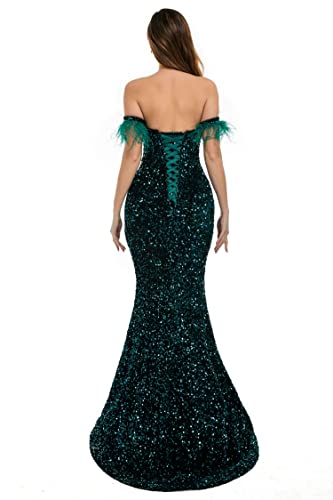 Sequins Velvet Mermaid Prom Dress Off Shoulder Feather Sleeves Sweetheart Neckline Evening Dress4