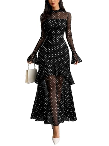 GothDark Womens Long Sleeve Bodycon Dress Black Sheer Mesh Round Neck Gothic Evening Gown Maxi Winter Wedding Guest Dresses