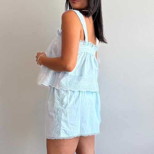 Image of ROAONOCOMO Women Lace Trim Pj Shorts Set Square Neck Coquette Tank Top Silk Satin Pajama Set Babydoll 2 Piece Shorts Outfit