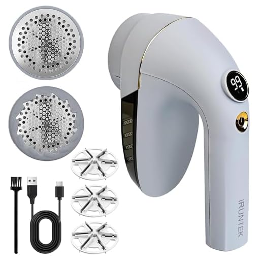 iRUNTEK Fabric Shaver Rechargeable, Clothes Lint Remover with Extra 1 Mesh & 3 Blades, 2-Speeds Electric Sweater Defuzzer for Removing Fuzz from Clothes, Sweater, Couch and Blanket, Grey
