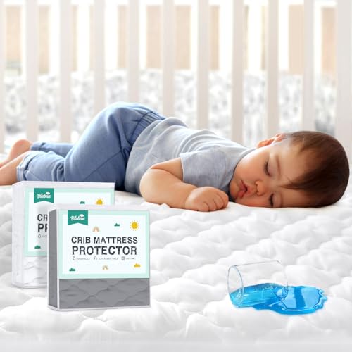 Image of 2 Pack Crib Mattress Protector Sheets, Fitted Waterproof Mattress Pad Cover, Noiseless & Machine Wash 100% Absorbent Crib/Toddler Mattress Protector Sheet Quilted, White & Gray, 52" x 28"