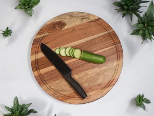 Image of Vesta Homes Wooden Round Chopping Board, Cutting /Serving Board, Charcuterie, and Cheese Board for Kitchen | Natural Acacia Wood | 38 x 38 x 2.5 cms | Handcrafted in India