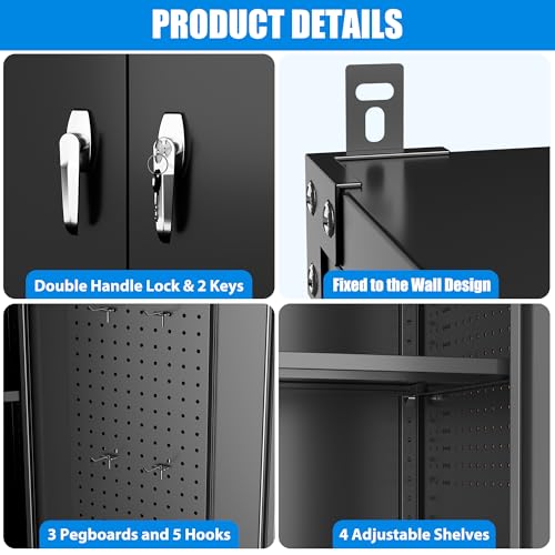 2025 Upgraded Wide & Deep Garage Storage Cabinet with Wheels, Lockable Metal Storage Cabinet with Pegboards and 9 Hooks, 2 Tool Pouches for Garage,4 Adjustable Shelves (Black,43\'\'W x 22\'\'D x 72\'\'H) - Thumbnail 4