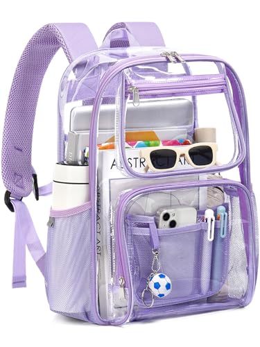 Image of Heavy Duty Clear Backpack For Kids Women Men Boys Girls, 17 Inch See Through Backpack, Large Clear Bookbag, Transparent Bag For School College Sport Work Travel, Light Purple