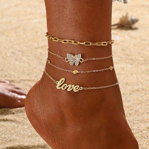 Image of Fesciory 14K Gold Plated Ankle Bracelets Sets For Women, Adjustable Layered Infinite Anklet, Summer Beach Butterfly Star Foot Chain Jewelry Gifts