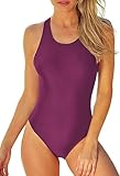 QMDSN Purple One Piece Bathing Suit High Cut Halter ! Athletic Swimsuits for Low Back Tummy Control Swimwear for Women