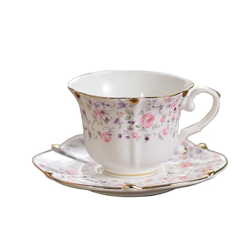 Taza de café de cerámica de porcelana inglesa de 200 ml, taza de té y platillo de estilo europeo, taza de té de la tarde retro de lujo recortada dorada (rosas rosas)