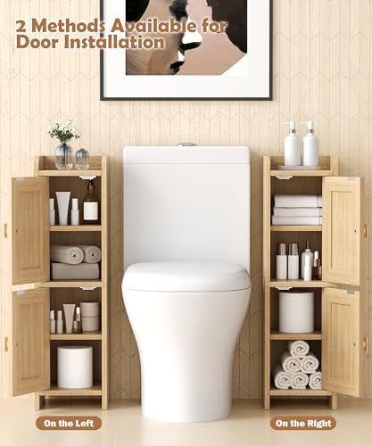 Akxomel Rattan Small Bathroom Cabinet with 2 Doors, 7.9''D x 7.9''W Narrow Toilet Paper Storage Cabinet, Bathroom Organizer for Small Spaces, Wooden Slim Corner Unit with Adjustable Shelf, Natural Oak — view 7