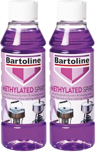 Image of Bartoline Methylated Spirit 250ml– Multi-Purpose Cleaner & Fuel for Alcohol Burners, Camping Stoves & Glass – Fast-Drying, Smear-Free Hard Surface Cleaner (Pack of 2)