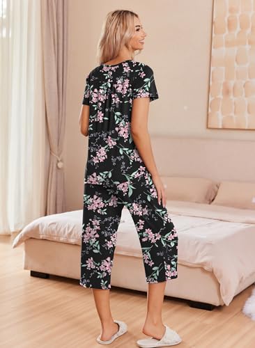Image of Ekouaer Women's Pajama Sets Short Sleeve Sleepwear Button Up Pj Loungewear Top and Capri Pants with Pockets