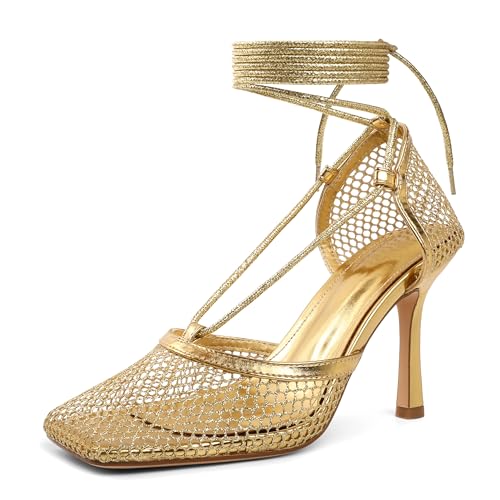 SAMMITOP Women's Square Toe Mesh Lace Up Strappy Sexy Heels Sandals Stiletto High Heel Closed Toe Summer Dress Shoes 3.5 Inch