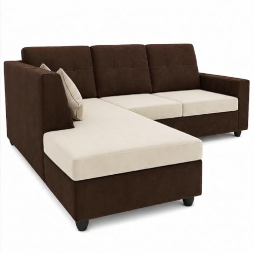Image of FURNY Nathan 4 Seater L Shape Sofa Set LHS (Dark Brown-Cream) | Suede Velvet Finish | Durable Comfort Sofa for Modern Living Room & Office Spaces