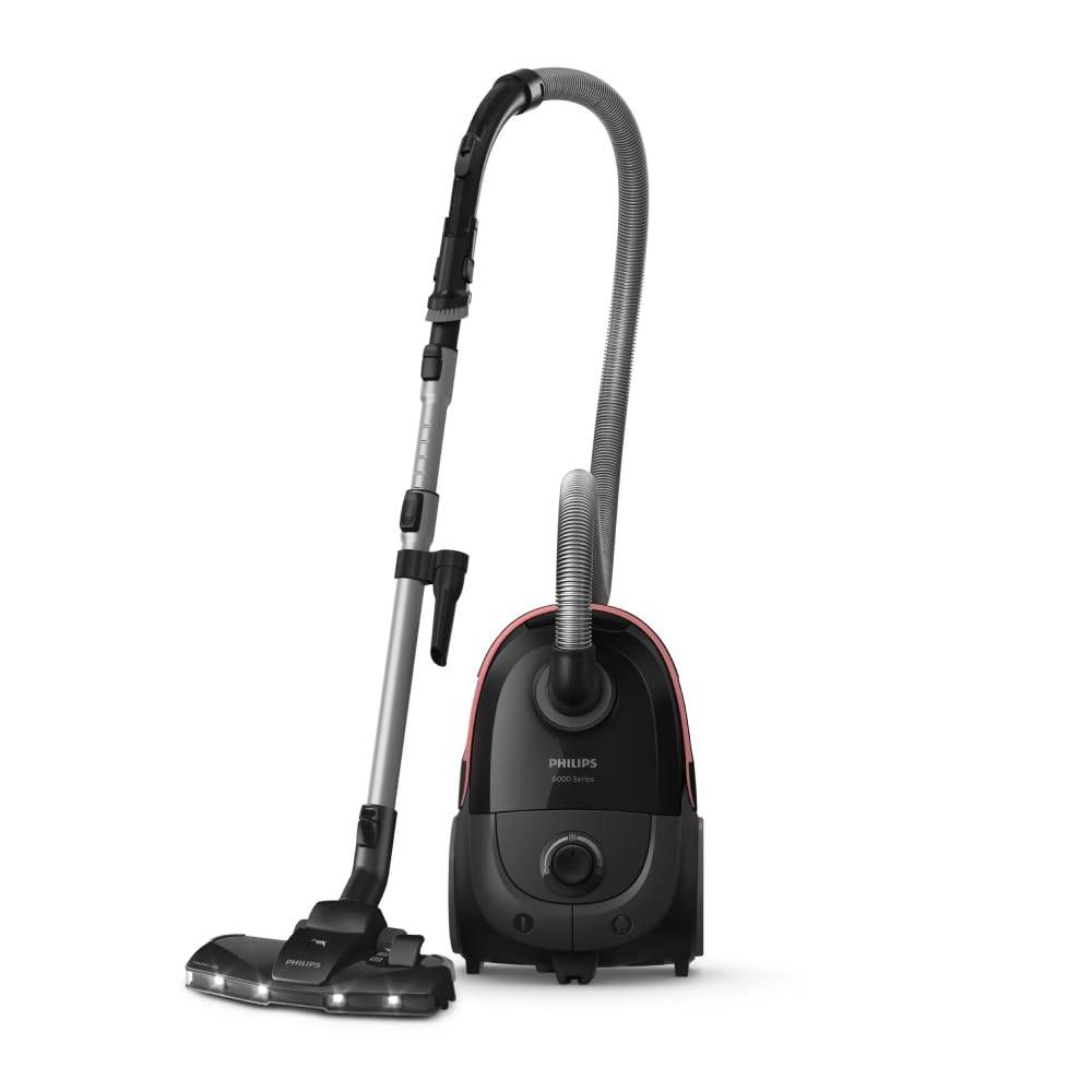 PHILIPS Beutelstaubsauger 6000 Serie, Schwarz, 900 W | 9 m Aktionsradius, TriActive+ LED-Düse, Mini-Turbobürste, HEPA-Filter, variable Saugleistung, 4 Beutel inkl. (XD6142/12)